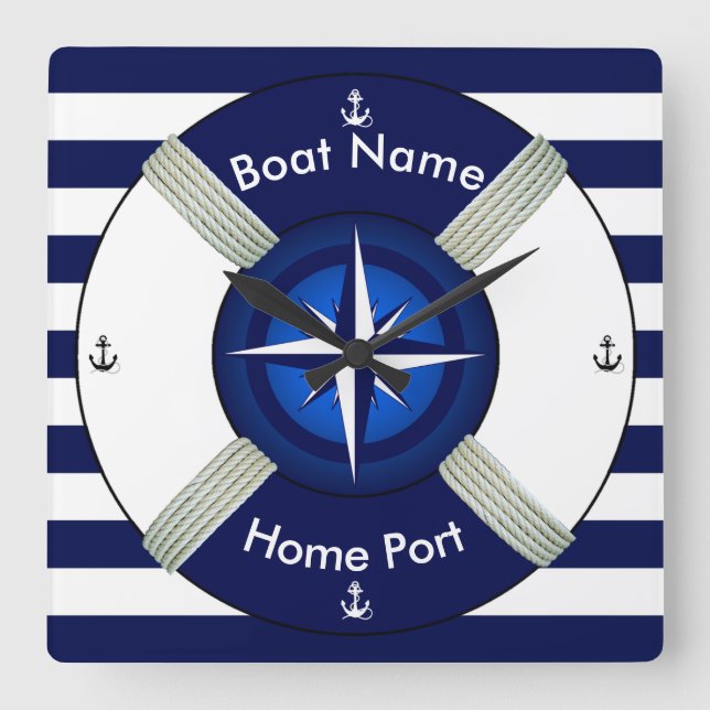 Lifebuoy ~Life-Ring ~Livesaver ~Navy Blue & White~ Square Wall Clock (Front)