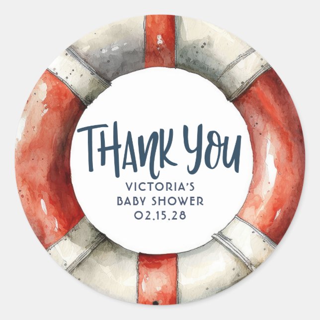 Lifebuoy Nautical Party Thank You Classic Round Sticker (Front)