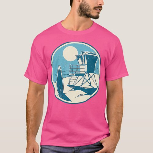 Lifeguard Stand Beach Surfboard Retro Vibe Surf T_Shirt