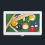 Lifelike Billiards Table with Balls and Chalk Business Card Case<br><div class="desc">Rack 'em up with this spectacular painting of a billiards table by Jennifer Goldberger. The balls look new, the felt looks immaculate, and the chalk has already been applied to the cue sticks. Hang this in your home, or gift it to a friend or loved one who enjoys a game...</div>