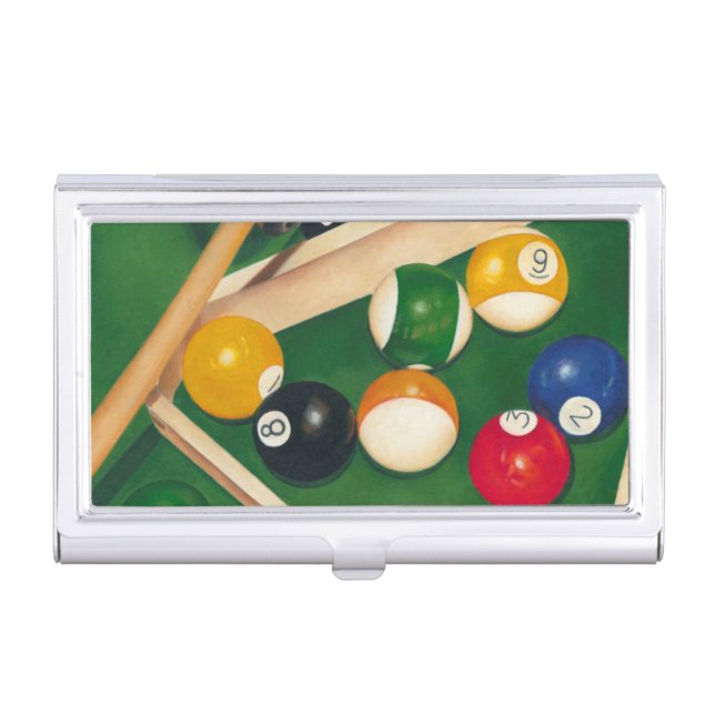 Lifelike Billiards Table with Balls and Chalk Business Card Case (Front)