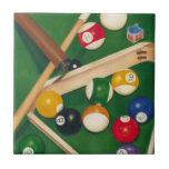 Lifelike Billiards Table with Balls and Chalk Ceramic Tile<br><div class="desc">Rack 'em up with this spectacular painting of a billiards table by Jennifer Goldberger. The balls look new, the felt looks immaculate, and the chalk has already been applied to the cue sticks. Hang this in your home, or gift it to a friend or loved one who enjoys a game...</div>