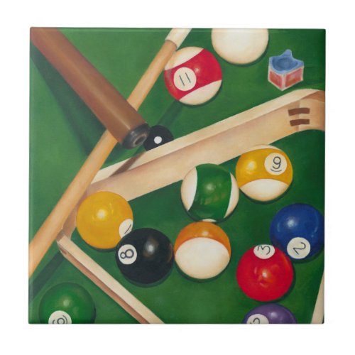 Lifelike Billiards Table with Balls and Chalk Ceramic Tile