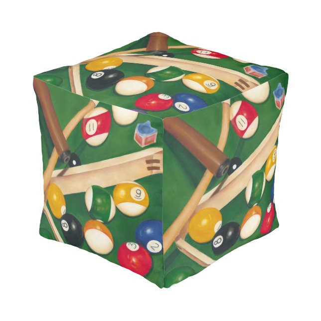 Lifelike Billiards Table with Balls and Chalk Pouf (Angled Front)