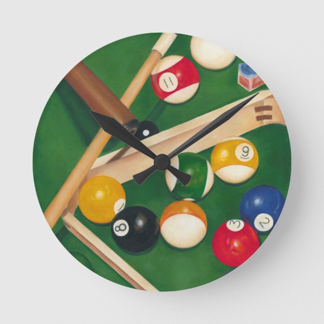 Lifelike Billiards Table with Balls and Chalk Round Clock (Front)