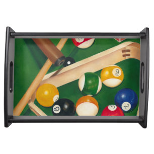 Lifelike Billiards Table with Balls and Chalk Serving Tray