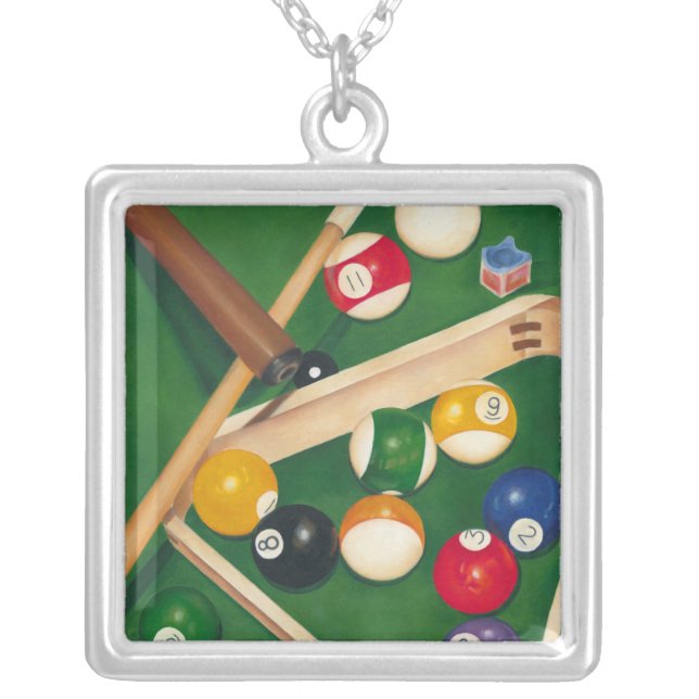 Lifelike Billiards Table with Balls and Chalk Silver Plated Necklace (Front)