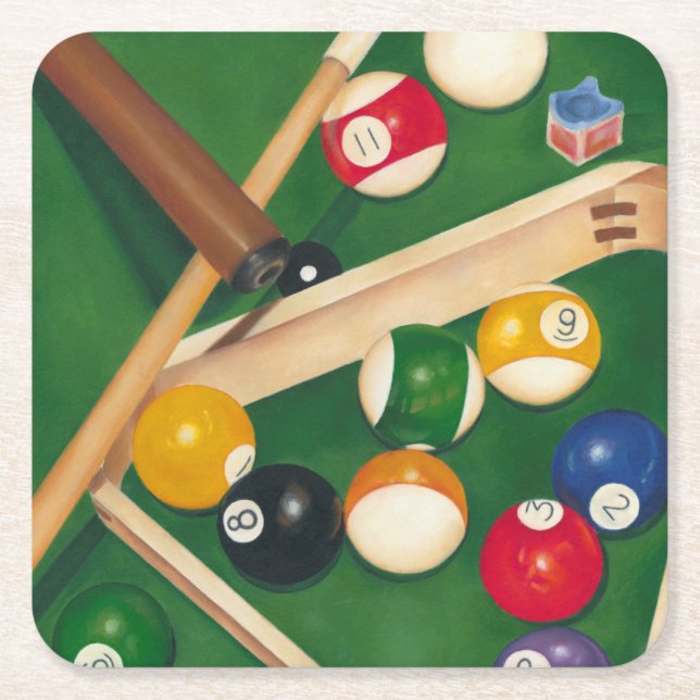 Lifelike Billiards Table with Balls and Chalk Square Paper Coaster (Front)