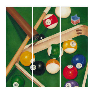 Lifelike Billiards Table with Balls and Chalk Triptych
