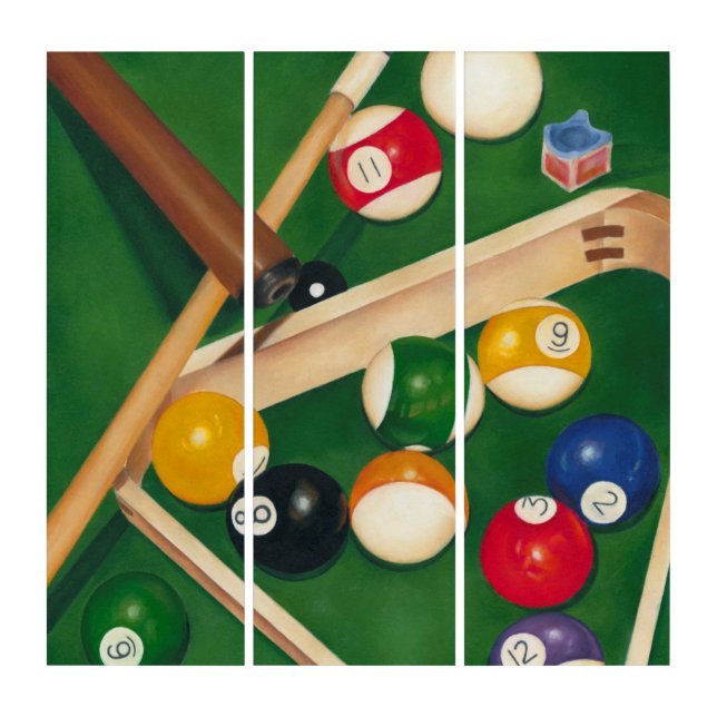 Lifelike Billiards Table with Balls and Chalk Triptych (Front)
