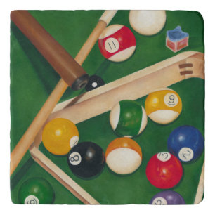 Lifelike Billiards Table with Balls and Chalk Trivet