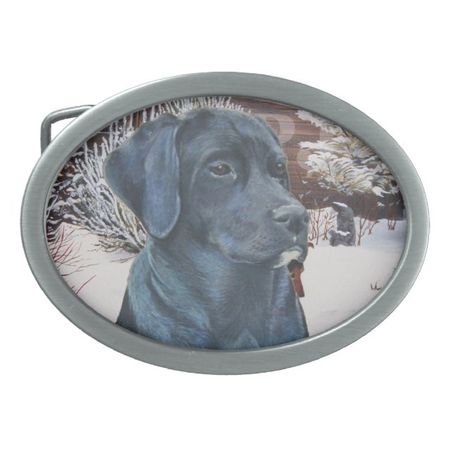 lifelike portrait picture of black labrador dog  belt buckle (Front)