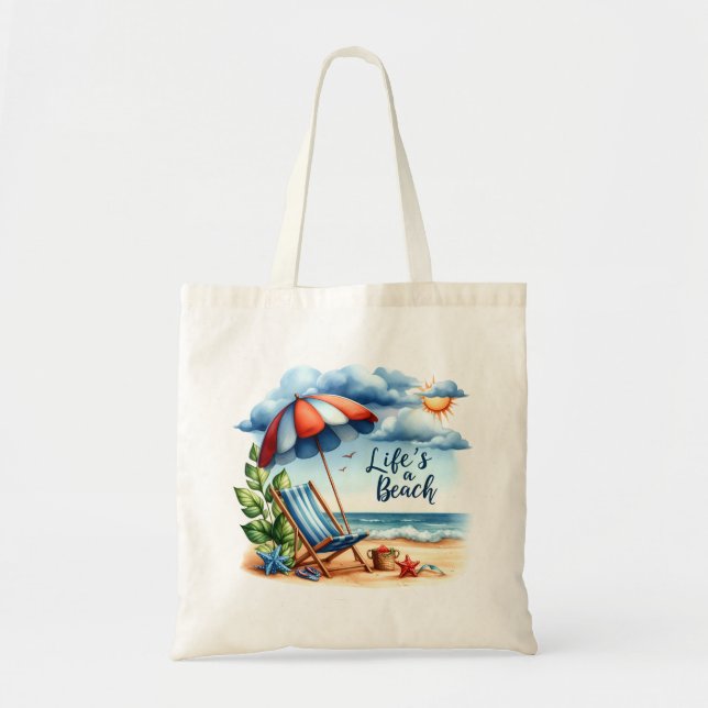 "Life's A Beach" Beach Scene Tote Bag (Front)
