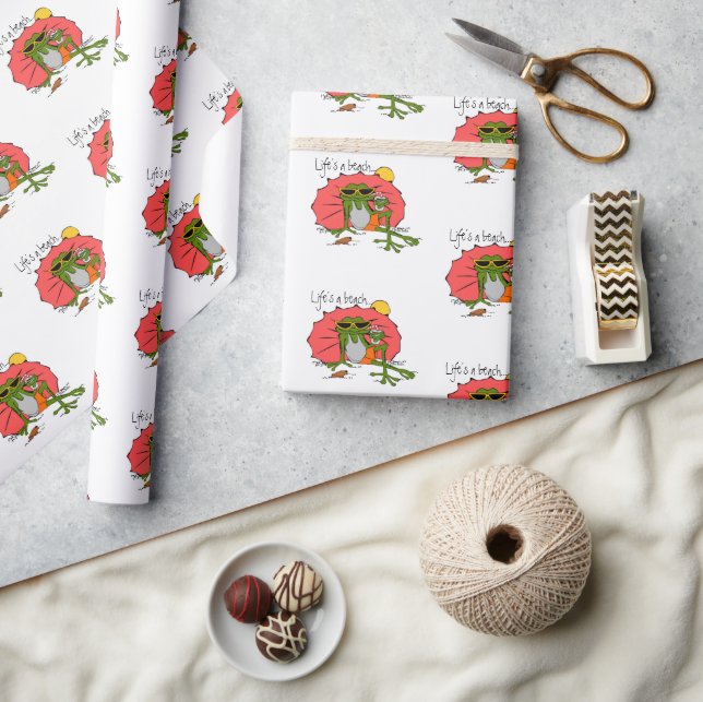 Life's a Beach Cartoon Frog with Umbrella Humorous Wrapping Paper (Crafts)