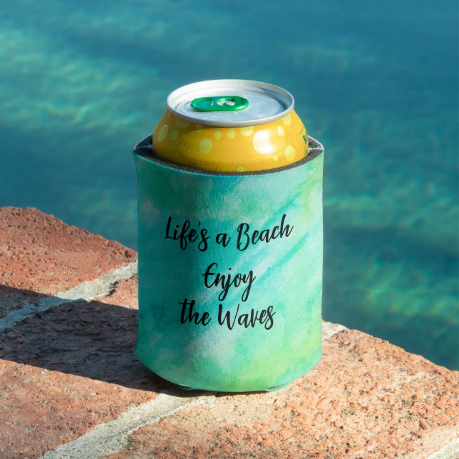 Life's a Beach Enjoy the Waves Blue Texture Quote Can Cooler (In Situ Pool)
