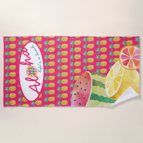 Lifes a Beach Fun Tropical Fruit Monogrammed Beach Towel