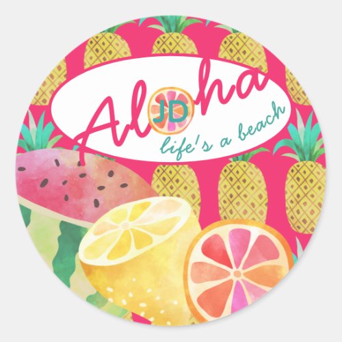 Lifes a Beach Fun Tropical Fruit Monogrammed Classic Round Sticker