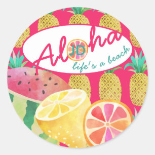 Lifes a Beach! Fun Tropical Fruit Monogrammed Classic Round Sticker