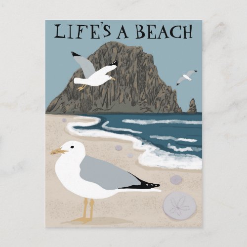 LIFES A BEACH Morro Rock California Seagulls Postcard