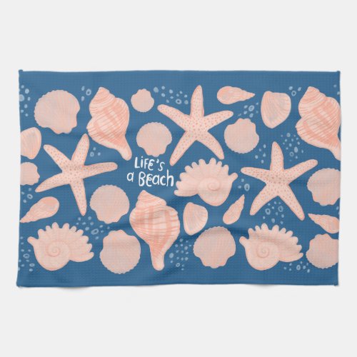 Lifes A Beach Pink Seashells on Blue Kitchen Towel
