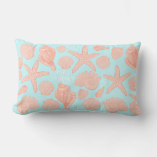 Life's A Beach Pink Seashells on Light BLue Lumbar Pillow