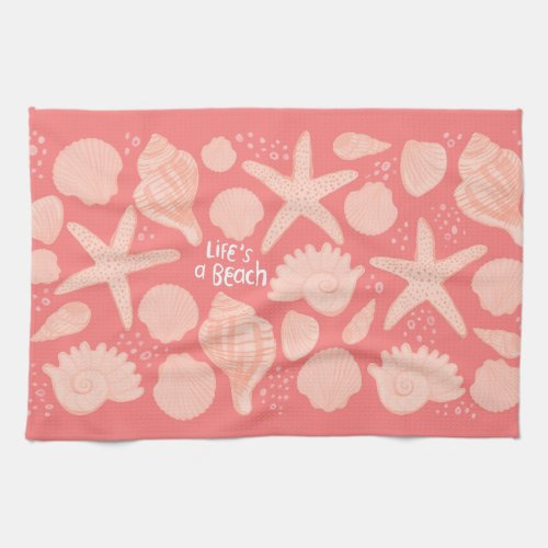 Lifes A Beach Pink Seashells on Pink Kitchen Towel