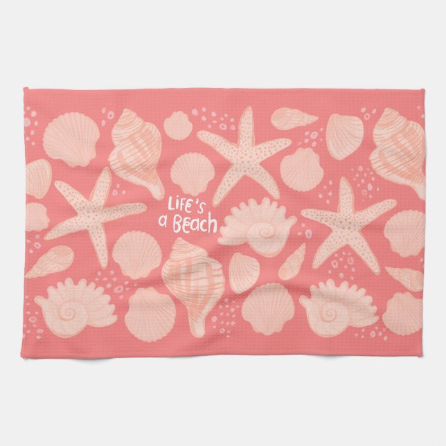 Life's A Beach Pink Seashells on Pink Kitchen Towel (Horizontal)
