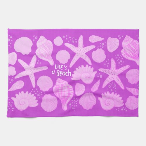 Lifes A Beach Pink Seashells on Purple Kitchen Towel