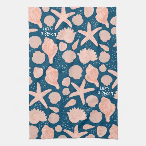 Lifes A Beach Pink Seashells Pattern Dark Blue Kitchen Towel