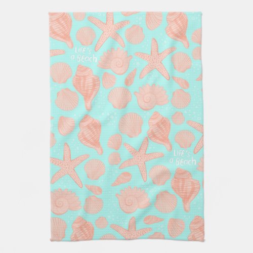 Lifes A Beach Pink Seashells Pattern Light Blue Kitchen Towel