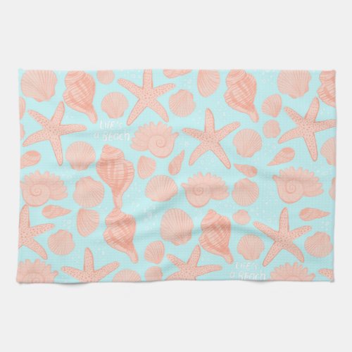 Lifes A Beach Pink Seashells Pattern Light Blue Kitchen Towel