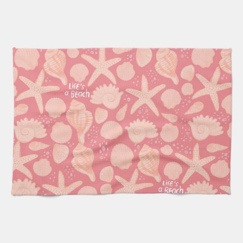 Lifes A Beach Pink Seashells Pattern Pink Kitchen Towel