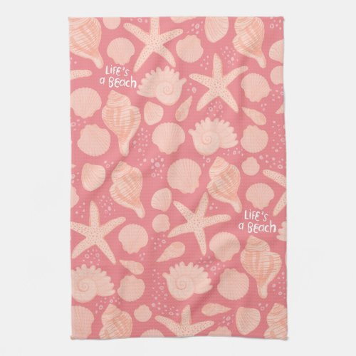 Lifes A Beach Pink Seashells Pattern Pink Kitchen Towel