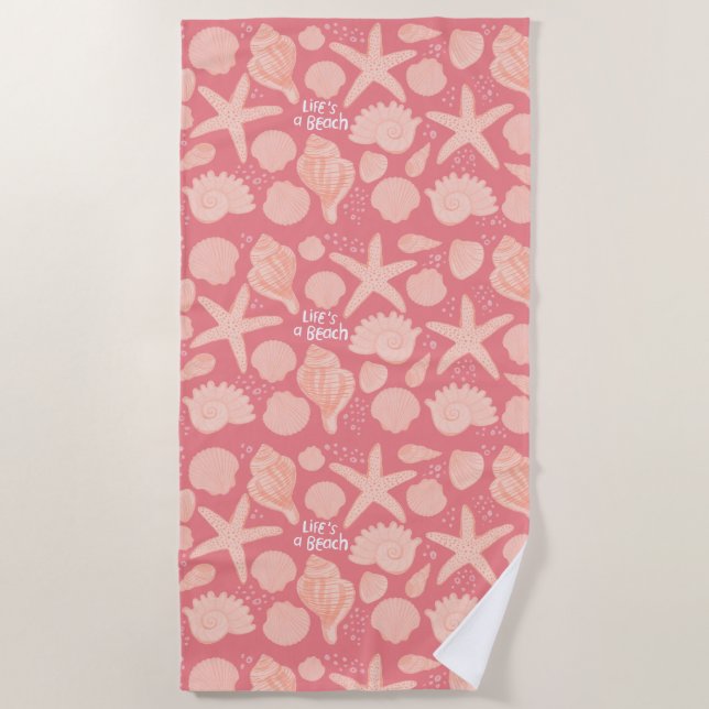 LIFE'S A BEACH Pink Seashells Sea Beach Towel (Front)