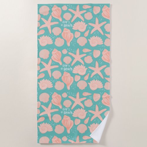 LIFES A BEACH Pink Seashells Teal Beach Towel