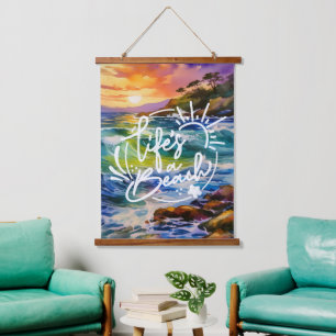 Life's a beach quote on watercolor art hanging tapestry