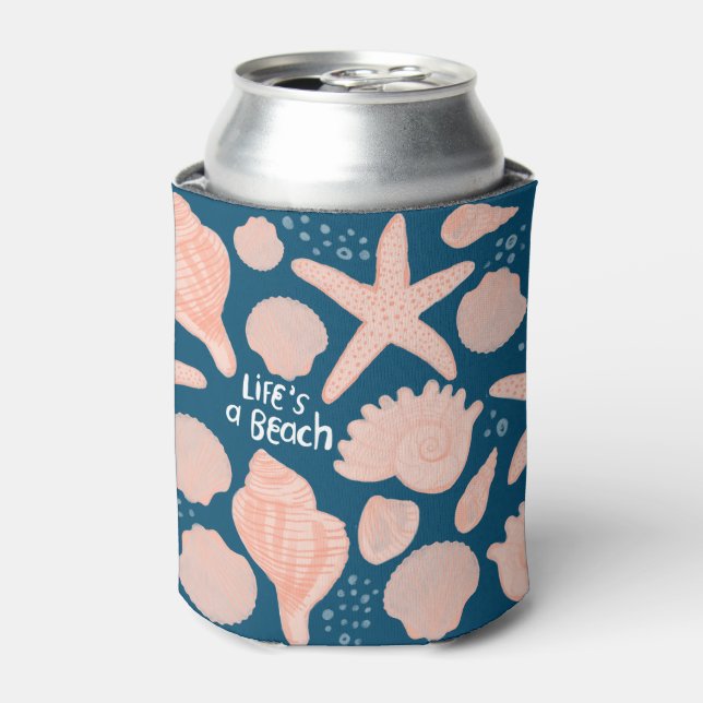 LIFE'S A BEACH seashells pink pattern Can Cooler (Can Front)