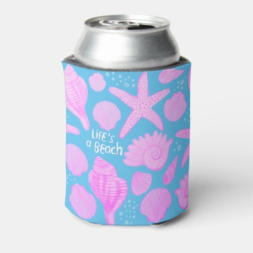 LIFES A BEACH seashells purple blue pattern Can Cooler