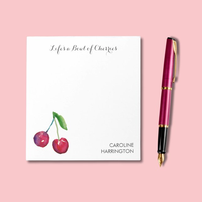 Life's a Bowl of Cherries Cute Romantic Coquette  Notepad (Bright red watercolor cherries and vintage script typography lend coquette charm to your day!)