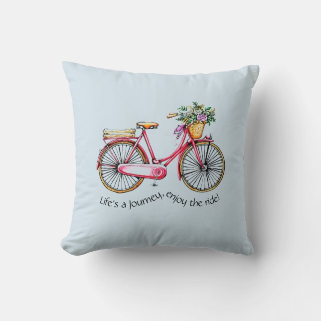 Life's a Journey, Enjoy the Ride - Flower Bike Throw Pillow (Front)