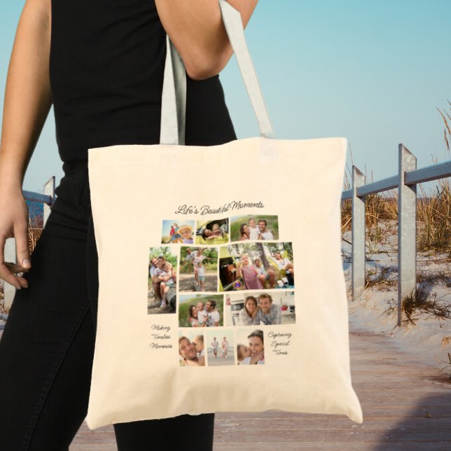 Lifes Beautiful Moments 11 Photo Collage Initial Tote Bag (11 fave photos, positive quotes and initial on the other side)