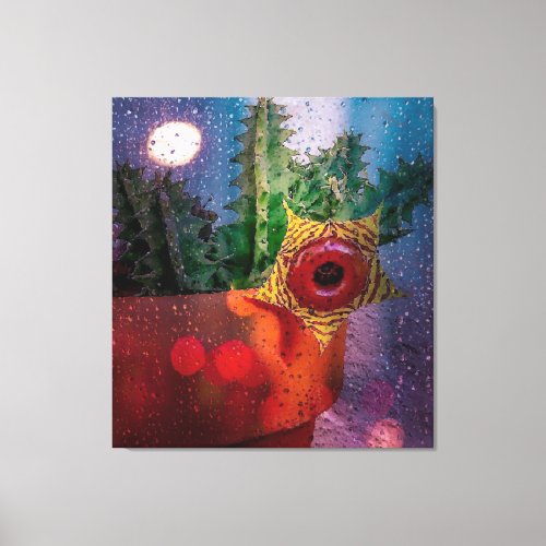 Lifesaver Cactus through a Rainy Window Canvas Print