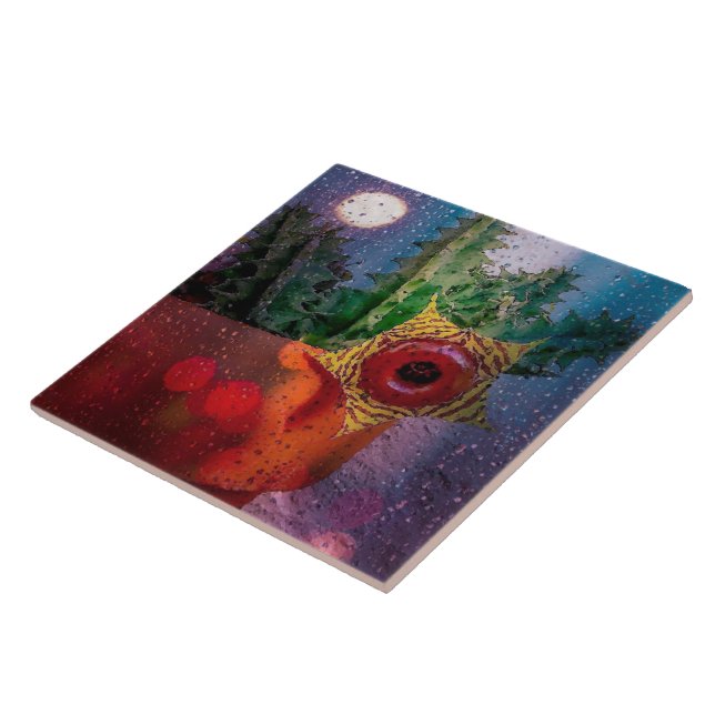 Lifesaver Cactus through a Rainy Window Ceramic Tile (Side)