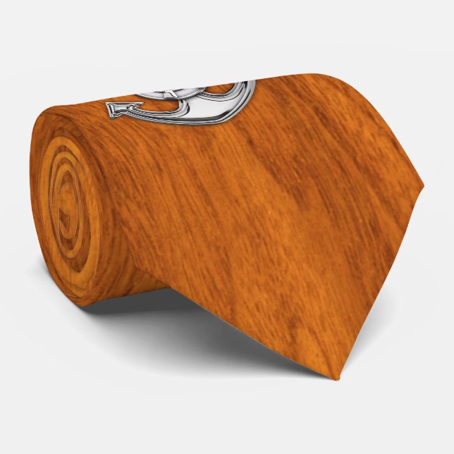 Lifesaver Chrome Anchor on Teak Veneer style Neck Tie (Rolled)