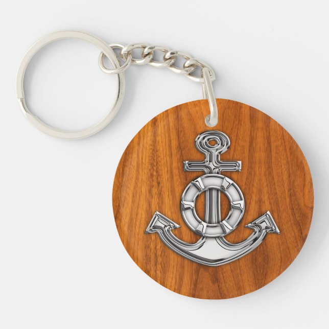 Lifesaver Chrome Anchor on Teak Veneer Styles Keychain (Front)