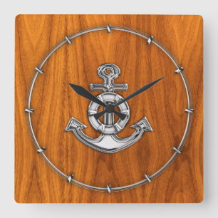 Lifesaver Chrome Anchor on Teak Veneer Styles Square Wall Clock