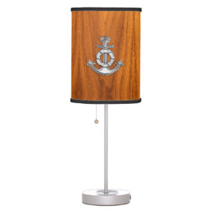 Lifesaver Chrome Anchor on Teak Veneer Table Lamp