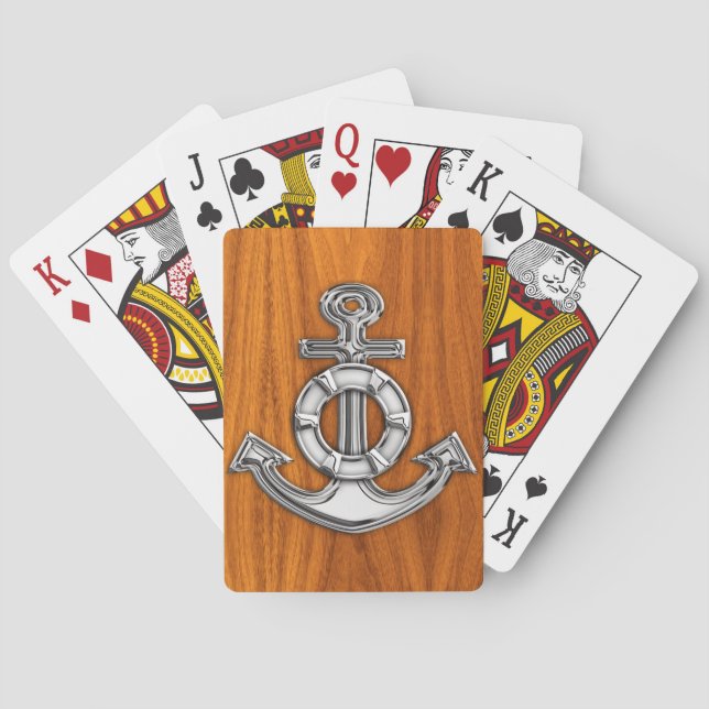 Lifesaver Chrome Like Anchor on Teak Decor Poker Cards (Back)