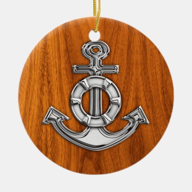 Lifesaver Chrome Like Anchor on Teak Veneer Ceramic Ornament (Front)