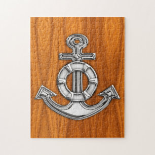 Lifesaver Chrome Like Anchor on Teak Veneer Jigsaw Puzzle